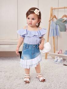 Toddler Girls' Plain Simple Daily Denim & Mesh Contrast A-Line Skirt - Light Wash - View 4