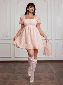 Flirla 大码优雅可爱粉色甜美方领短袖连衣裙 - 粉色 - 查看 6