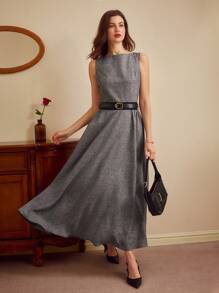 Vintamour Váy nữ thanh lịch cổ điển, váy ôm sát cổ thuyền không tay có túi, thắt lưng và viền loe, váy dài dự tiệc cưới cho nữ, váy mùa hè cho nữ, trang phục ngày lễ, váy tốt nghiệp, trang phục lễ hội, trang phục công sở thường ngày cho phụ nữ, trang phục công sở cho phụ nữ, trang phục giáo viên nữ - Xám - Xem 3