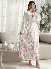 SHEIN Najma 长立领花卉侧开衩抽绳连衣裙，春夏 - 彩色 - 查看 2