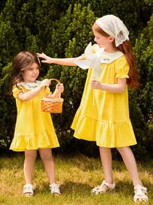 Blossori Young Girl's Countryside Vacation Embroidered Contrast Color Ruffle Neck Puff Sleeve Dress - Multicolor - View 3