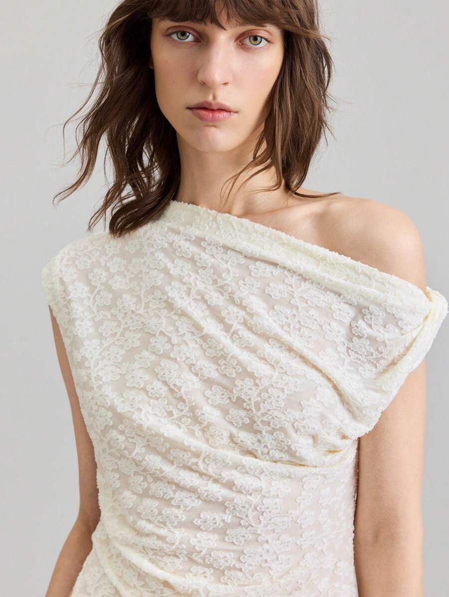 Ontre 女士杏色提花不对称领优雅修身上衣，可爱夏季衬衫 - 白色 - 查看 1