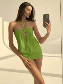 Aloruh Abito mini da donna con scollo alla francese e fessura, ampio in alto e stretto in basso, sexy e giovane - Verde - Visualizzare 3