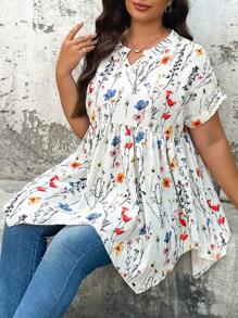 SHEIN Clasi Curve 大码女式日常休闲浪漫度假风V领短袖碎花腰部不对称下摆上衣，夏季女装，度假女装，外出上衣，可爱夏日上衣 - 杏色 - 查看 5