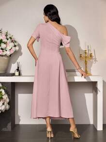 Modelyn Women Asymmetric Hem Waisted Simple Dress, Spring/Summer - Pink - View 2