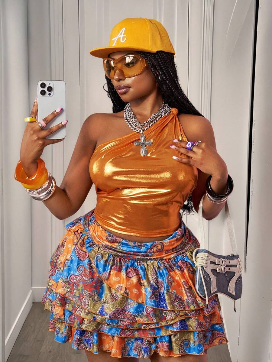 Slaydiva 2025 Spring/Summer New Casual Holiday Gathering One Shoulder Coated Vest & Layered Ruffle Skater Skirt Set For Plus Size Women - Multicolor - View 1