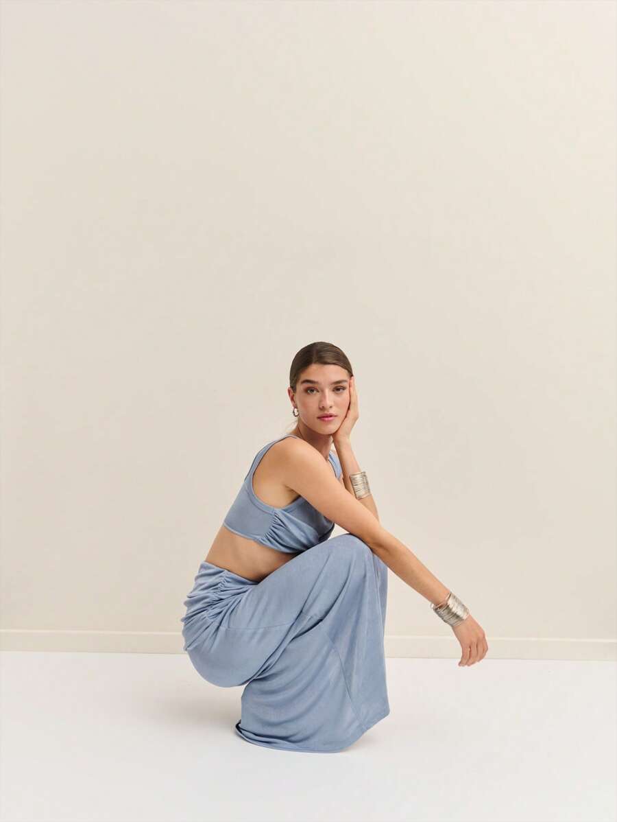 Nöista 套装度假装夏季度假性感装超长裙短款结饰上衣 - 藍色 - 查看 1