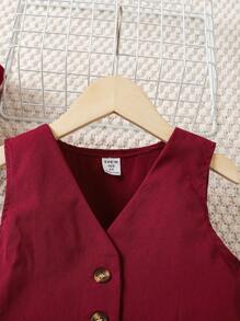 SHEIN Elladie kids Nowy strój imprezowy dla dziewczynek na wiosnę i jesień, elegancki kamizelka + szerokie spodnie + koszulka z długim rękawem, 3-częściowy zestaw, swobodny zestaw na zewnątrz, różowy bezrękawnik zapinany na guziki + wygodny golf z długim rękawem i dzianinową bluzką + szerokie spodnie, stylowy, europejsko-amerykański szykowny zestaw ubranek dla małej dziewczynki - Burgund - Zobacz 5