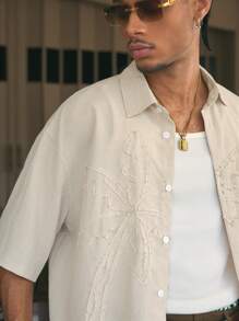 AXEPEAK Multiple Sizes Loose Fit Collared Short Sleeve Shirt For Men, With Hand-Embroidered Floral Design, Streetwear-Inspired - Multicolor - View 2