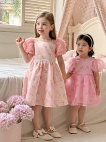 SHEIN Young Girls Elegant Pink Floral Puff Sleeve Mesh Dress - Multicolor - View 5