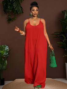 Slaydiva 新潮锐舞、复活节、老钱风、乡村音乐会、外出、仙女风、音乐节、热带度假女装；夏季、春季、欧洲夏季服装；大码西部牛仔装；音乐会、毕业典礼服装；百搭、简约、休闲、性感基础款；大码扎染无袖连体裤/连身裙 - 紅色 - 查看 1