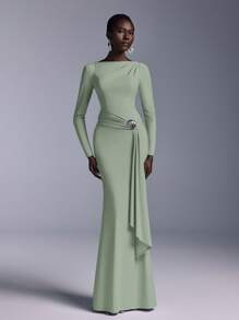 Elitara Elegant Boat Neck Off Shoulder Long Sleeve Bridesmaids Dress With Waist Twist, Sequin& Metal Shell Button Decor, Fishtail Design - Mint Green - View 5