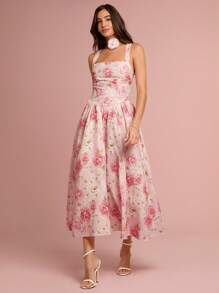 Enchnt 春夏浪漫女士粉色花卉印花无袖大蝴蝶结露背长款公主裙，甜美优雅，适合度假、约会、节日、派对、毕业典礼、婚礼宾客和海滩，舞会礼服，女士夏季连衣裙，女士太阳裙，夏装，优雅派对连衣裙 - 粉色 - 查看 11