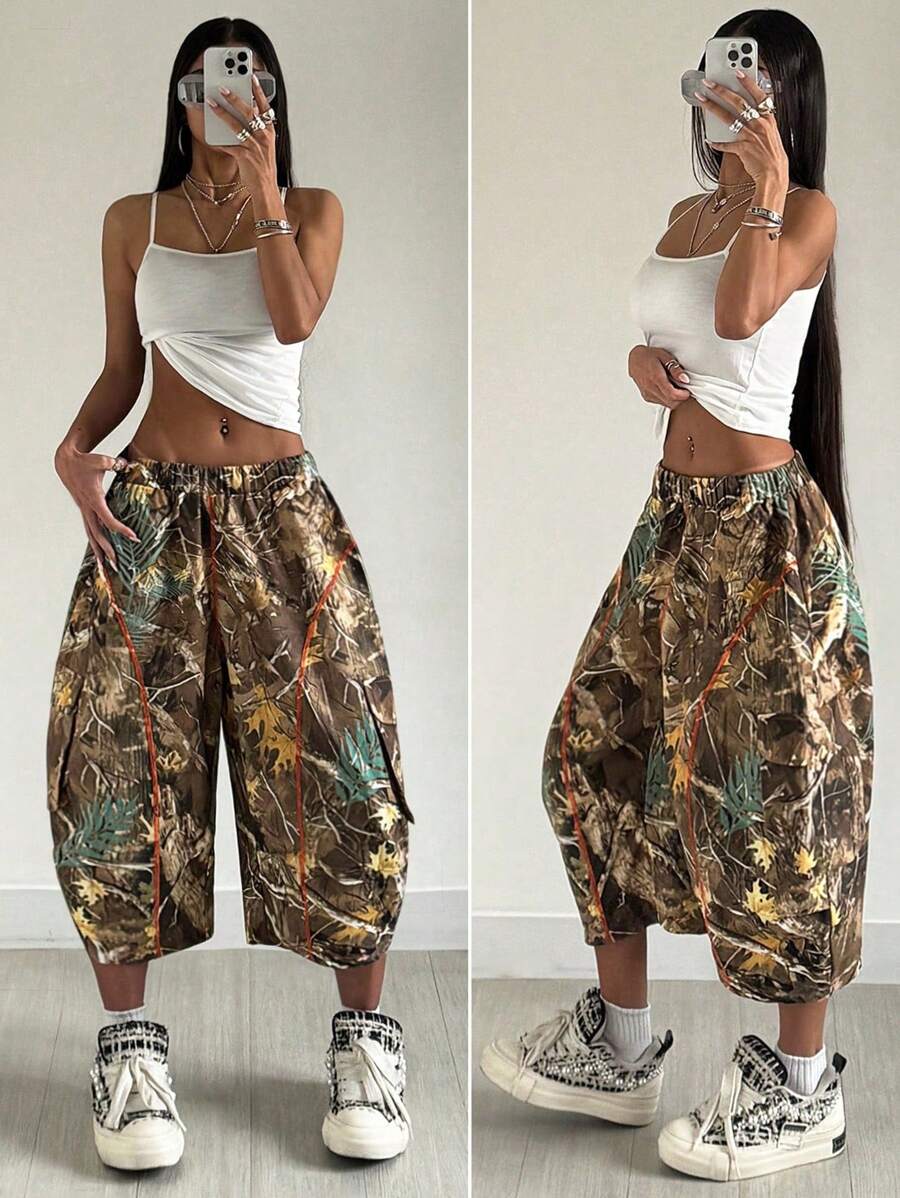 Coolane 女式夏季街头风格演唱会休闲图案树枝图案宽松低腰香蕉哈伦工装裤 - 彩色 - 查看 1