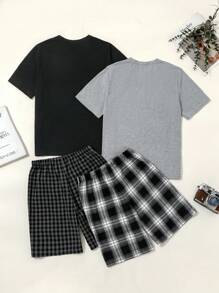 SHEIN 青少年男孩四件套休闲睡衣套装，包括纯色圆领T恤和格子短裤，宽松舒适 - 黑與白 - 查看 2