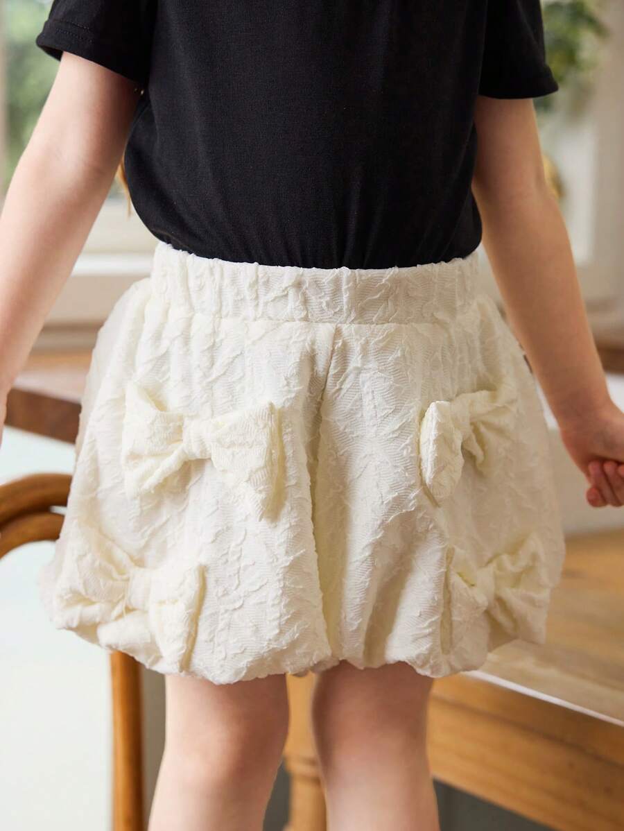 SHEIN Cute White Bow Skirt Shorts For Kids Polyester Textured Bloomers With Double Bow Detail Short Length  Kids Back To School - White - View 1