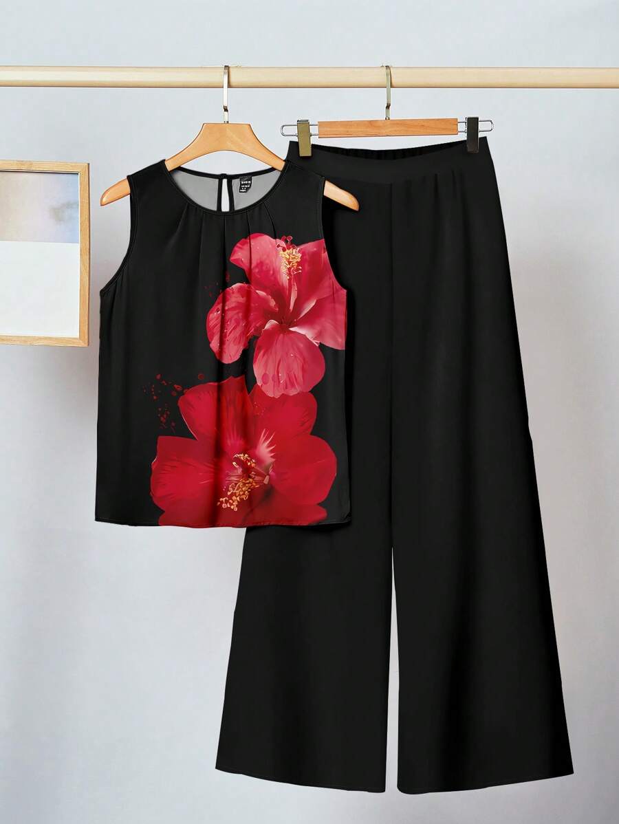 SHEIN Clasi 2pcs Casual Minimalist Red-Black Floral Print Women Set, Suitable For Summer Party - Multicolor - View 1