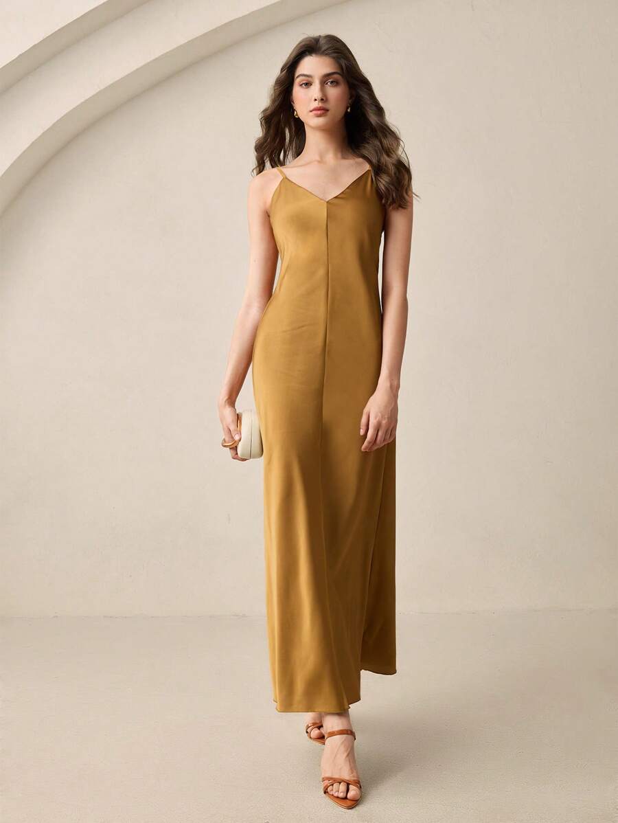 BizChic Váy dài có dây đeo vai cho nữ 2025, Trang phục công sở thường ngày, Thích hợp cho khu nghỉ dưỡng bãi biển, Khách dự tiệc cưới, Lễ hội nhạc đồng quê, Bữa trưa, Trang phục sân bay, Phong cách Stockholm cổ điển thập niên 90, Quý cô độc lập người Mỹ - màu nâu - Xem 1