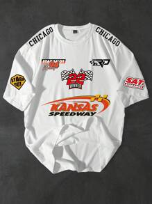 Manfinity Streetrush Plus Size Men's Letter Print Round Neck Casual Short Sleeve T-Shirt, Summer Racing Shirts Race Shirt