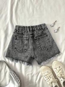 SHEIN Tween Girl Y2K Casual Spring Summer Boho Ripped Raw Hem Denim Jeans Shorts, Summer, Kid Spring And Summer Casual Vacation Country Boho Wear, Beach For Kid Girls, Western Street Wear For Girl, Spring Break, Rave Festival Denim Shorts