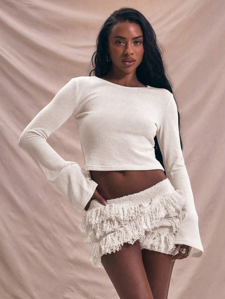 MUSERA Long Sleeve Soft Flare Sleeve Top Holiday Soft Serve Airport Holiday Back To School Autumn Fall Winter  ,Elegant - Cream - View 1