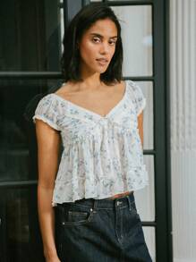 lacRébo 复古风格花卉印花纽扣前开襟衬衫，泡泡袖，后背镂空，度假装，女士可爱秋季上衣，秋冬 - 彩色 - 查看 6