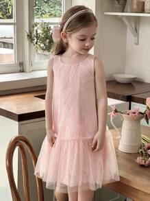 SHEIN Abito elegante da festa senza maniche in pizzo rosa per giovani ragazze - Rosa - Visualizzare 4