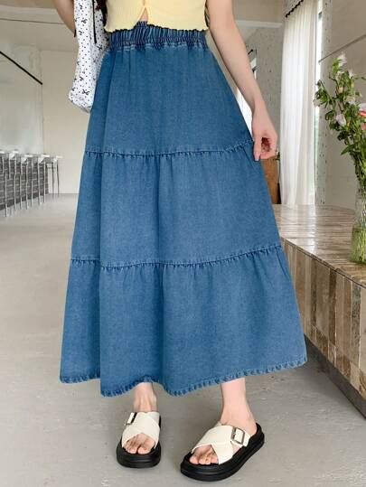 DAZY Women's Elastic Waist Casual Denim Pleated Mini Skirt, Spring/Summer Jeans Skirt