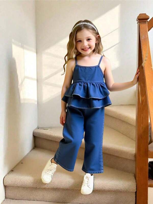 2pcs/Set Young Girls Casual Fashion School Style Washed Blue Denim Ruffle Trim Camisole Top And Denim Long Pants Outfit Young Girls Clothing Two Pieces Summer Clothes Fashionable Girls Clothes