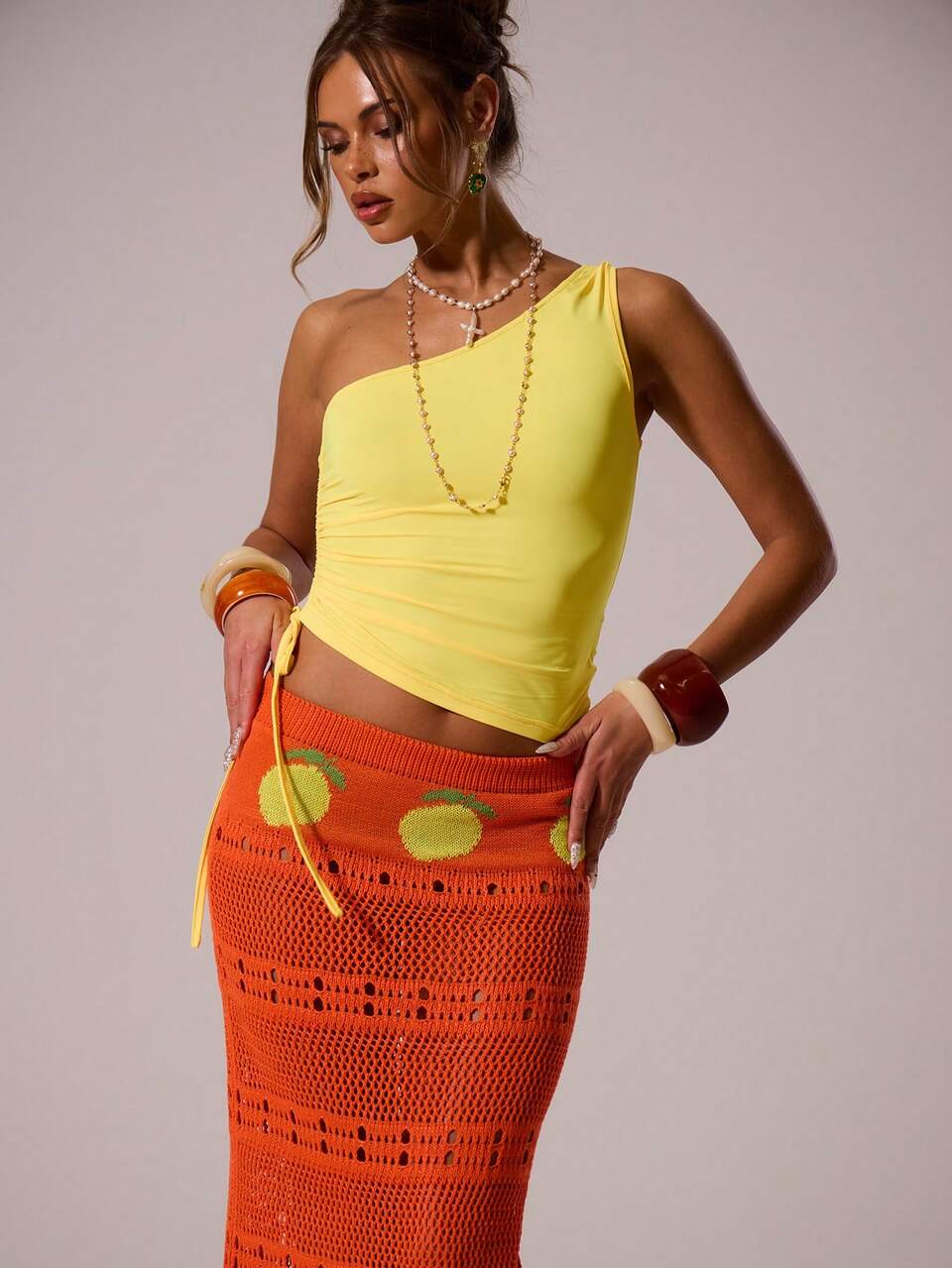 Saia Longa Tipo Cobertura de Crochê Leve com Estampa de Limão, Ideal para Praia, Natação, Verão, Férias, Festival, Sexy e Elegante, Primavera