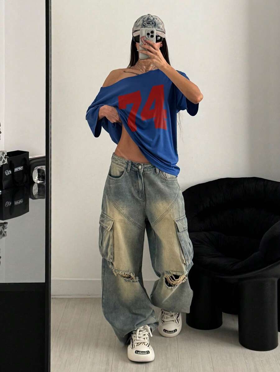 StreetHx 女式超大宽松斜肩 T 恤，74 号印花短袖 T 恤，加大码，朋克风格，街头潮流 - 寶藍色 - 查看 1
