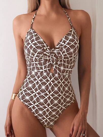 SHEIN Swim Women's Floral Print Halter Tie Monokini Swimsuit, For Vacation For Summer