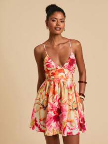 Travachic Women's Sleeveless V-Neck Summer Waist Gathered Pink Floral Camisole Dress,Boho Garden Party Holiday Holiday Beach Vacation Outfits Bohemian Western - Multicolor - View 4