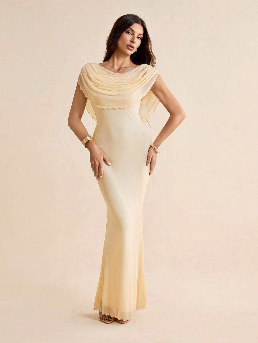 SHEIN Tall 女士 V 领修身长裙，优雅纯色，女士夏季连衣裙，波西米亚风 - 杏色 - 查看 1