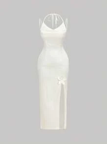 SHEIN MOD 二合一花卉装饰V领高开叉连衣裙，可调节肩带 - 白色 - 查看 1