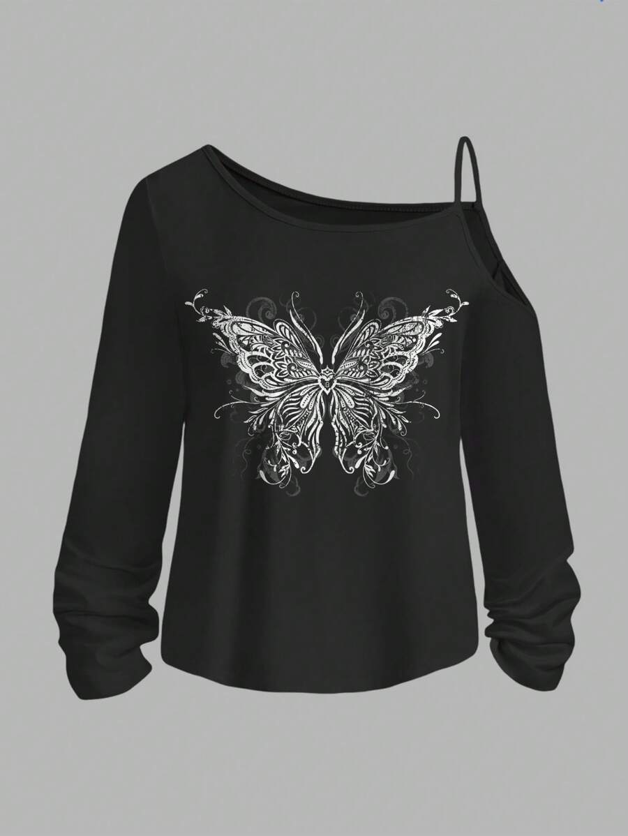SHEIN Essnce Women's Casual Butterfly Pattern Drop Shoulder Long Sleeve T-Shirt - Black - View 1
