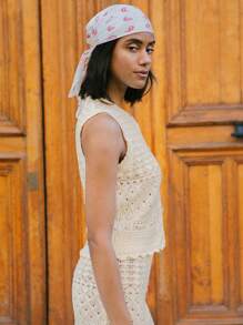 lacRébo 度假针织钩针无袖针织纽扣前襟上衣，带扇贝下摆，度假装