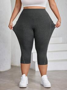 SHEIN CURVE+ Collant alla moda e casual di colore grigio scuro di taglia oversize con tasche/t-shirt con grafiche per donna