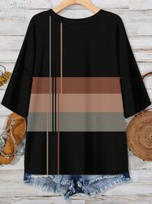 SHEIN LUNE 度假休闲简约彩色条纹印花宽松V领口袋短袖T恤，加大码，适合夏季夏装Vcay女士夏季衬衫适合外出 - 彩色 - 查看 2