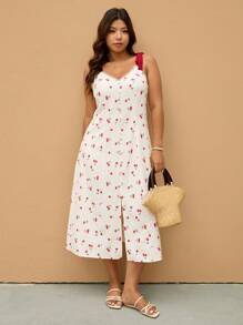 Elaquor Đầm dự tiệc thường ngày họa tiết quả anh đào cỡ lớn có dây buộc nơ xẻ tà màu khối - Nhiều màu - Xem 5