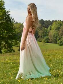 Enchnt 春夏浪漫女士淡粉色和薄荷绿渐变色褶皱腰挂脖露背长裙，甜美优雅，适合度假、海滩、约会、节日、派对、毕业典礼和婚礼宾客，女士夏装，女士太阳裙，夏装 - 粉色 - 查看 7