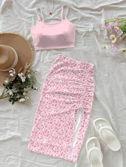 Soleia Set de 2 piezas con top corto tipo camisilla y minifalda con estampado floral, conjunto casual de verano para mujeres