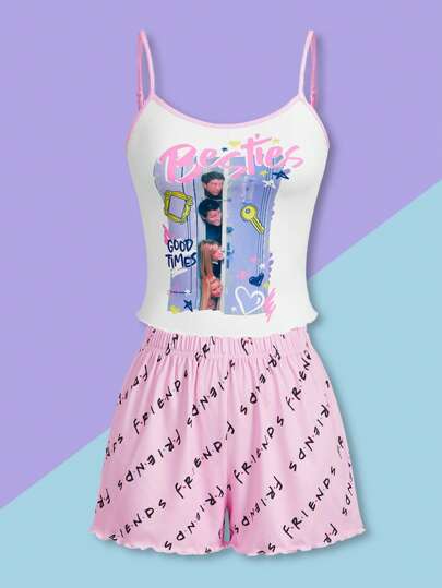 FRIENDS X SHEIN Kvinnor Letter & Figur Grafisk Cami Top och Shorts Pyjamas Set