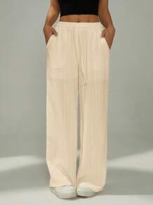 SHEIN PETITE 女式纯色打结口袋休闲假日裤 - 米色 - 查看 6