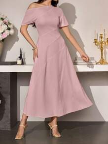 Modelyn Women Asymmetric Hem Waisted Simple Dress, Spring/Summer - Pink - View 5