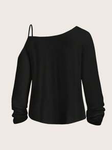 SHEIN Essnce Kaos Wanita Lengan Panjang Satu Bahu Motif Ksatria Kasual, Cocok untuk Pakaian Musim Semi dan Gugur - Hitam - View 2