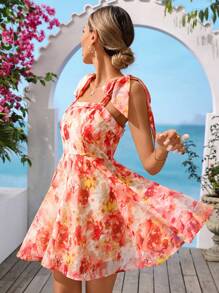 Vivid Eden Women's Floral Print Tie-Shoulder Fashionable Strap Mini Dress, Vacation Style,Vacation,Summer Romantic Pink Flower Print Chiffon Ruched Backless Double Layered A-Line Mini Dress, Suitable For Party, Date, Valentine's Day, Afternoon Tea, Spring,Sun Dress - White - View 6