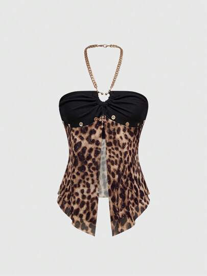 J-Fashion Top corto con cuello de halter, estampado de leopardo, cadena metálica y tachas para mujer, estilo vintage Y2K