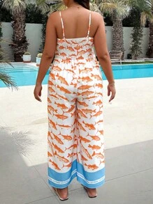 SHEIN Clasi Plus Size Swirl Print Ocean Element Color Block Twist Front Jumpsuit - Multicolor - View 2