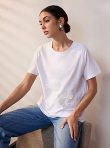 Uhlyne Summer Women's Elegant Floral 3D Print T-Shirt - White - View 8